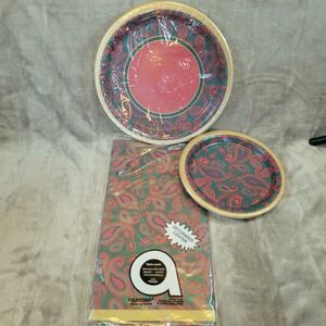 Vintage Amscan Party Supplies Set Green Red Paisley Tablecloth Plates 3pc